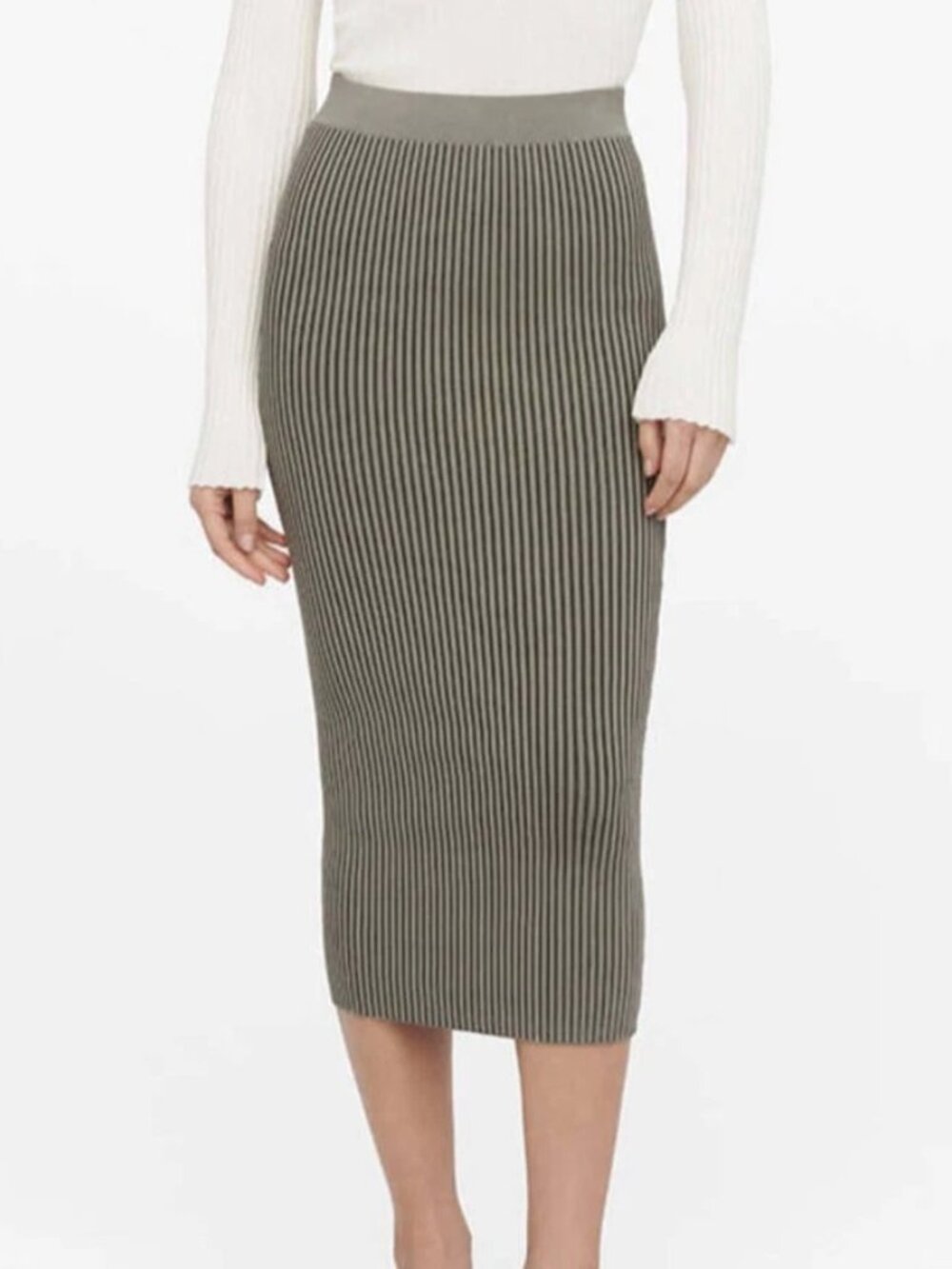 Anine Bing Julian Ribbed Midi Skirt in Green Khaki and Olive, Size SMALL